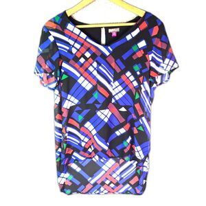 Vince Camuto Tunic Blouse M Multicolor Geometric High Low Flutter Sleeve